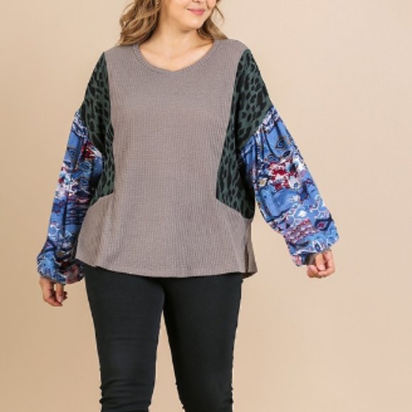 New UMGEE XL 1XL Aztec & Animal Mixed Print Long Puff Sleeve Waffle Knit Top - Picture 4 of 8